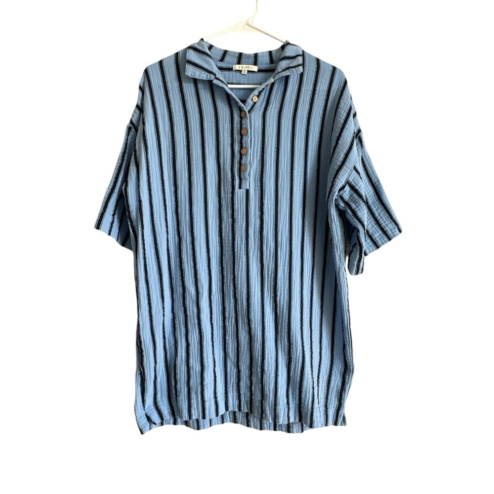 Z Supply Womens Small Blue Black Striped Cotton Gauze Henley Top